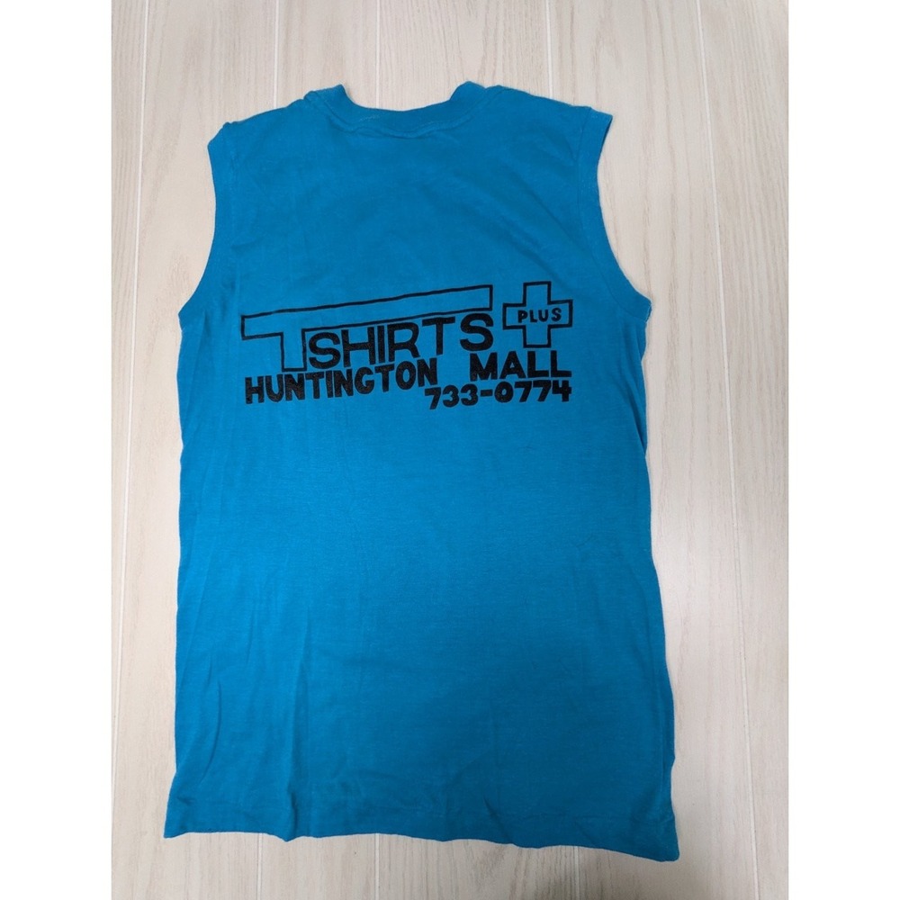 T-PLUS Huntington Mall Men's Teal Blue M Sleeveless T-Shirt vintage 80s USA made - Picture 11 of 13